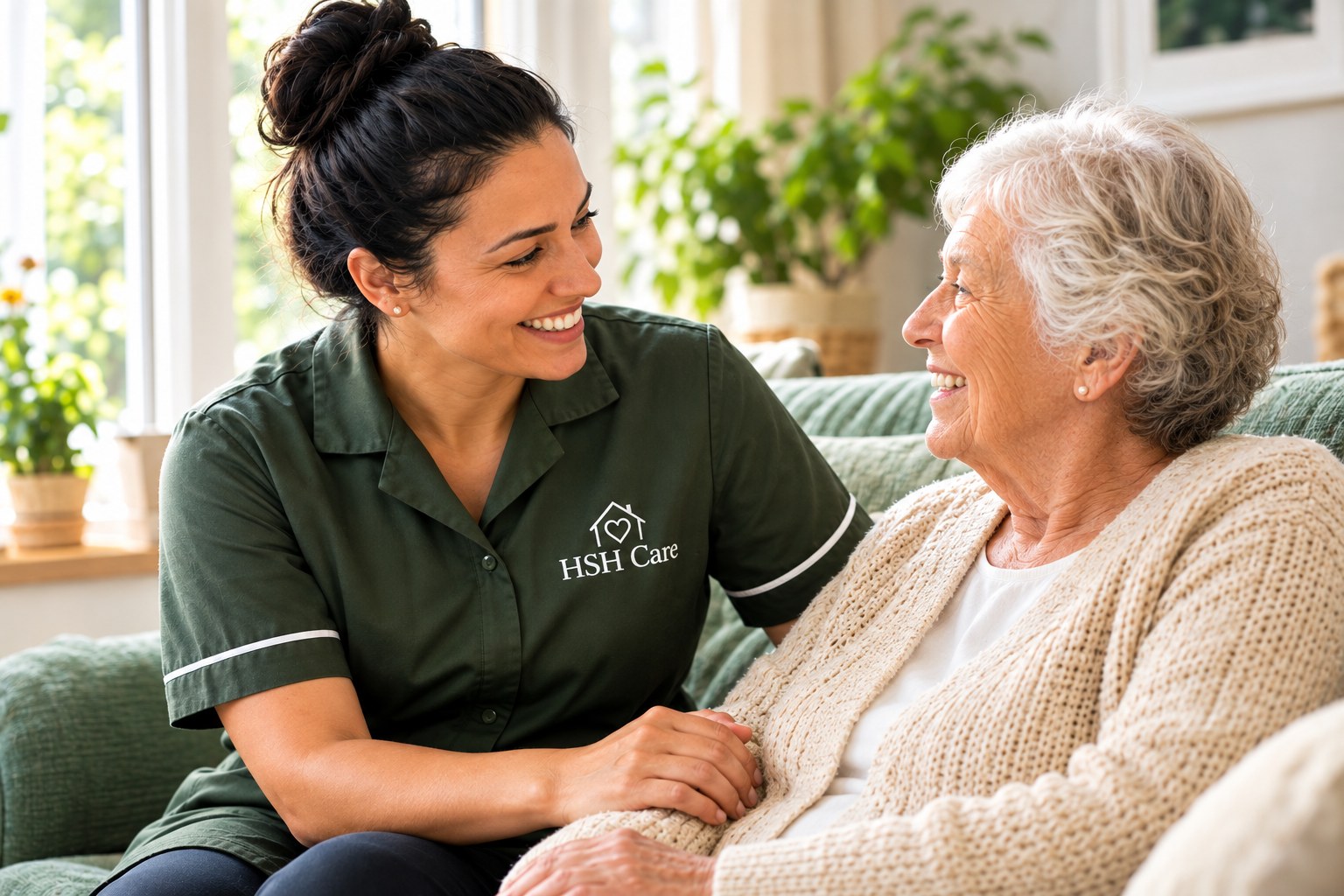 An HSH Care carer sitting with a client, holding her hand