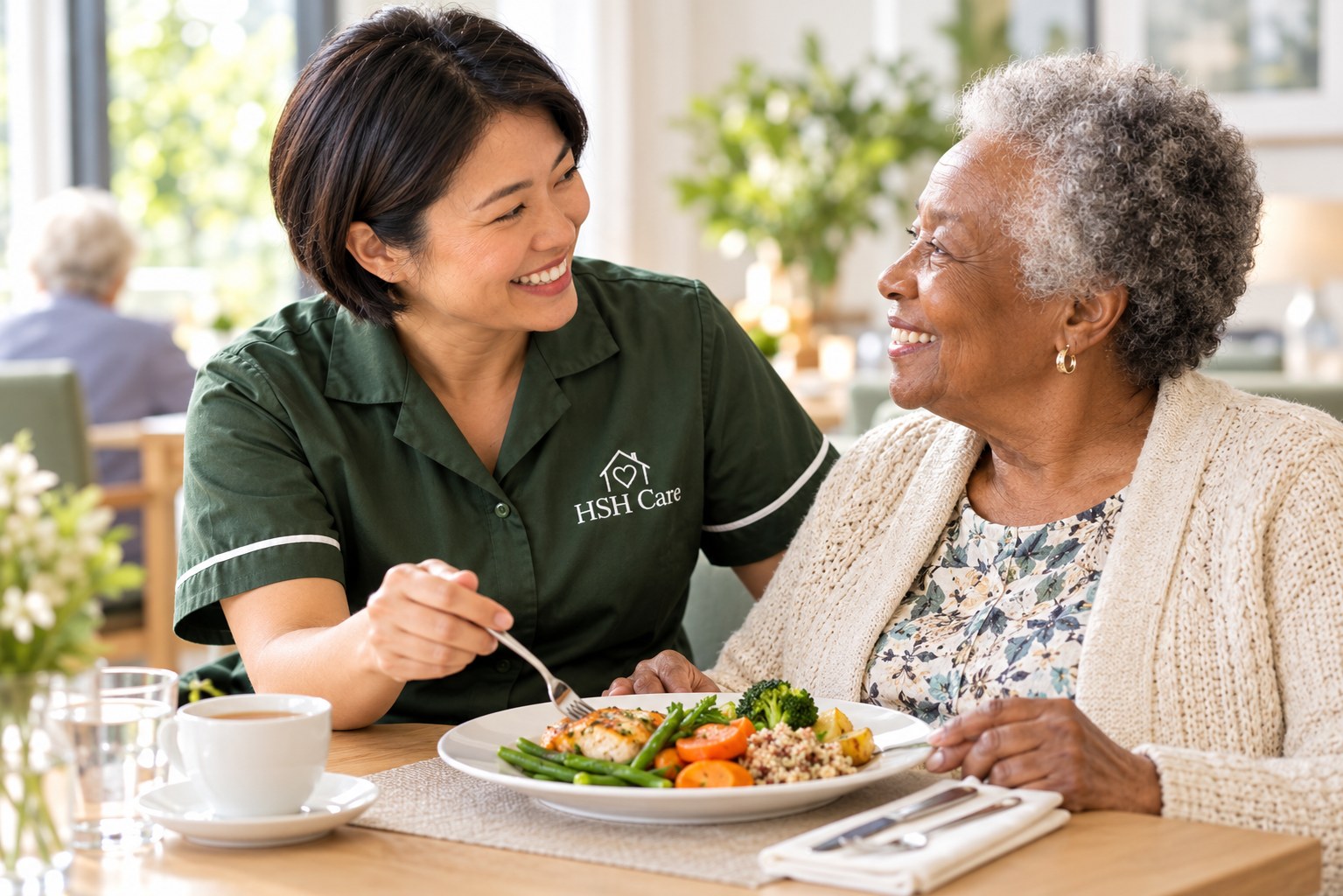An HSH Care carer sharing a meal with a client at her dining table