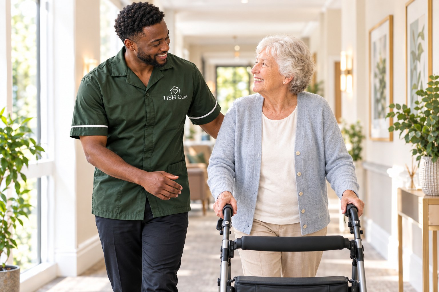 An HSH Care carer walking alongside a client using a wheeled walking frame