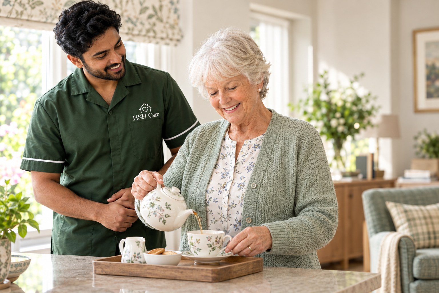 An HSH Care carer helping a client pour tea in her kitchen